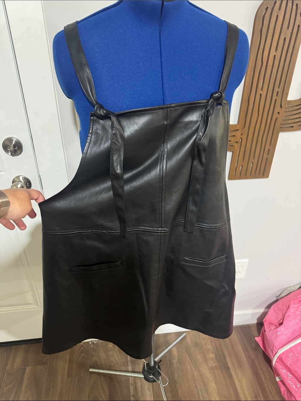 ARULA Black Faux Leather Pinafore Dress